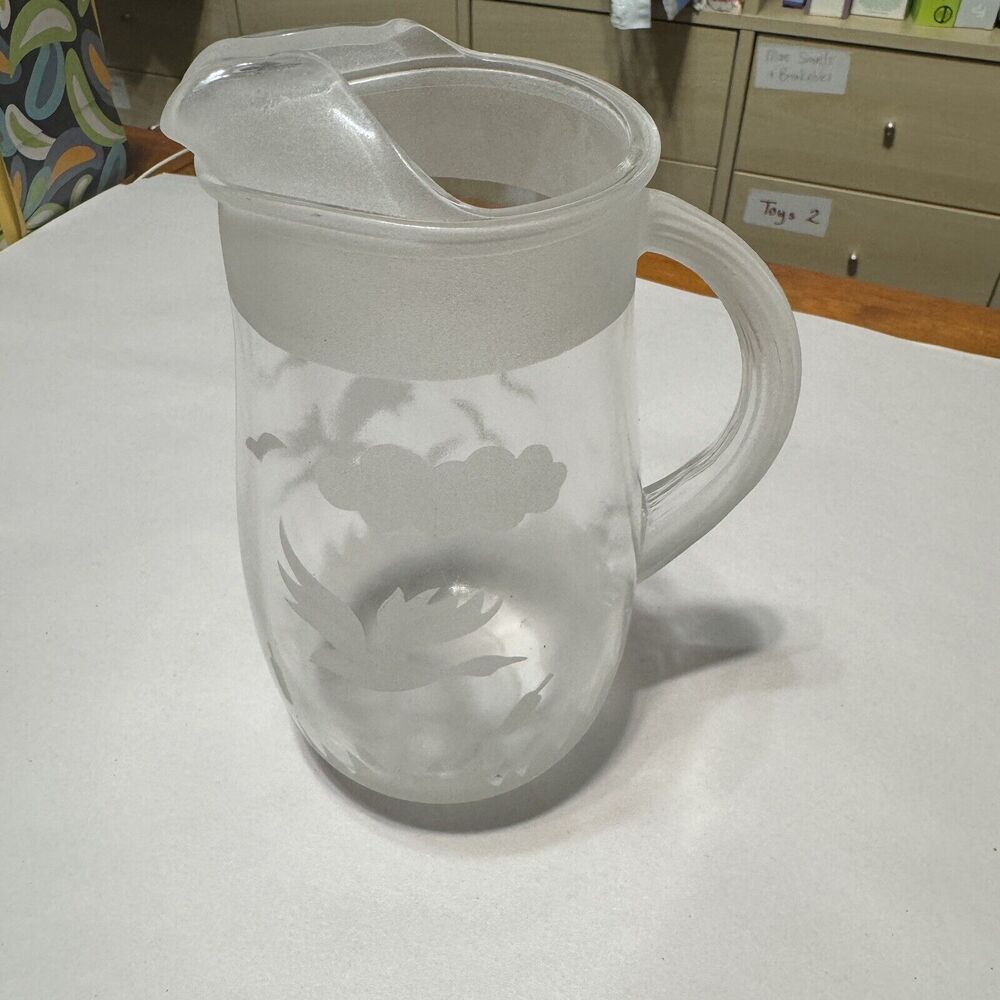 Vintage MCM Clear Glass Pitcher Frosted Etched Ducks Geese Small Juice 7.5”